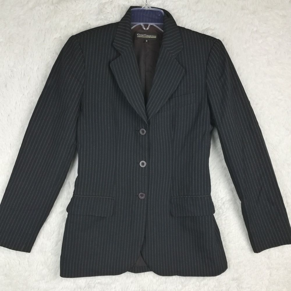 Vintage Guess Womens Suit Jacket Blazer Navy‎ Pinstripe 3 Button Business 2